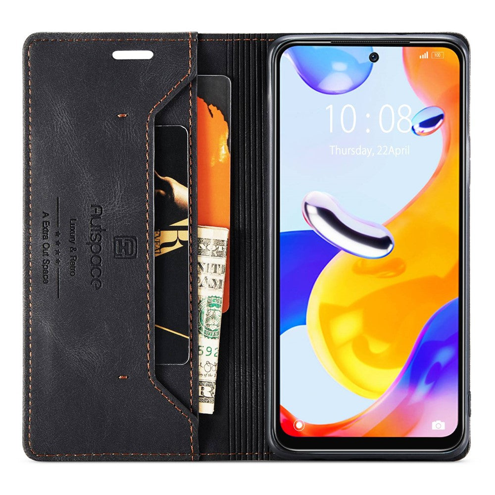 AUTSPACE A01-serien för Xiaomi Redmi Note 12 Pro 4G / 11 Pro 4G (MediaTek) / Note 11 Pro 5G (Qualcomm) Läderfodral RFID-blockerande stativskydd