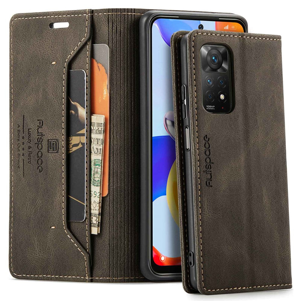 AUTSPACE A01-serien för Xiaomi Redmi Note 12 Pro 4G / 11 Pro 4G (MediaTek) / Note 11 Pro 5G (Qualcomm) Läderfodral RFID-blockerande stativskydd