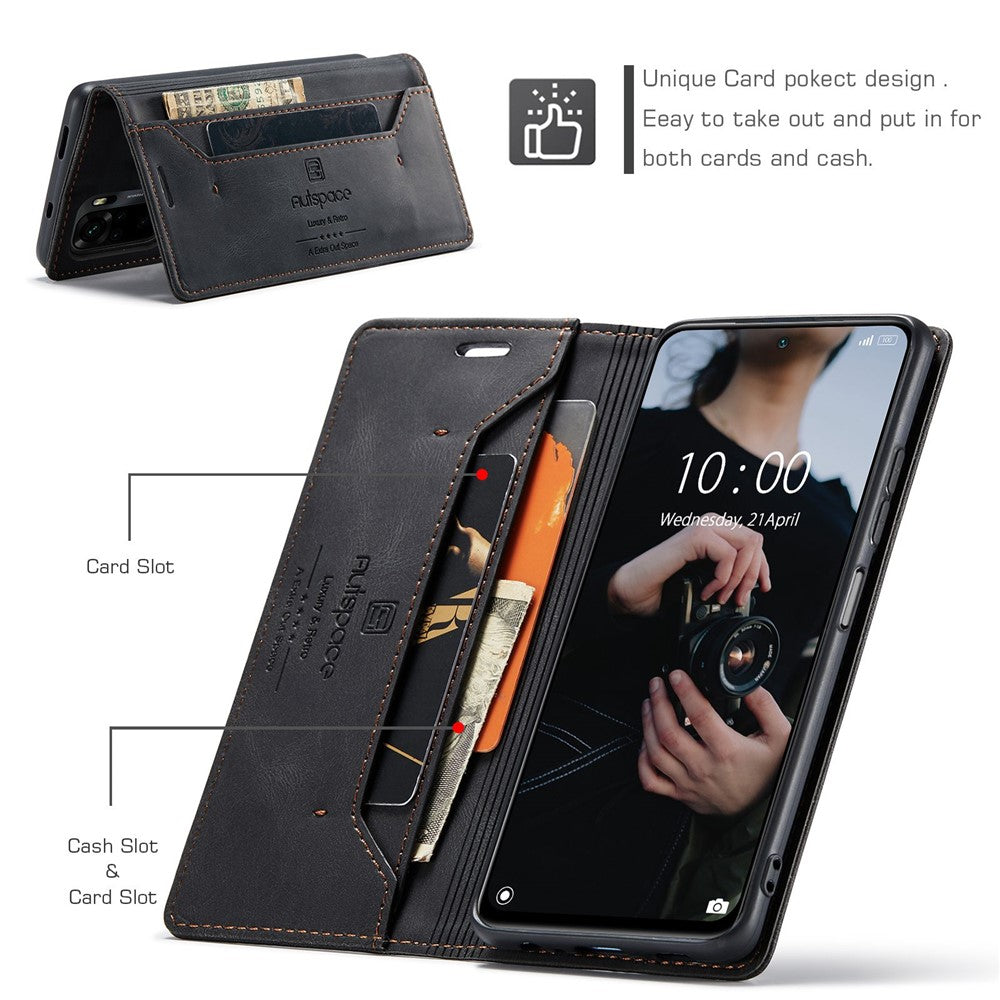 AUTSPACE A01 Series for Xiaomi Poco M5s 4G / Redmi Note 10 4G / Redmi Note 10S 4G PU Leather Case RFID Blocking Wallet Stand Flip Cover