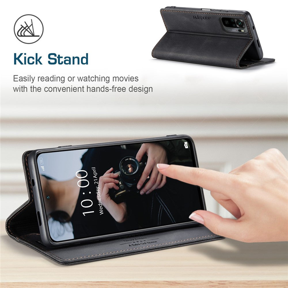 AUTSPACE A01 Series for Xiaomi Poco M5s 4G / Redmi Note 10 4G / Redmi Note 10S 4G PU Leather Case RFID Blocking Wallet Stand Flip Cover
