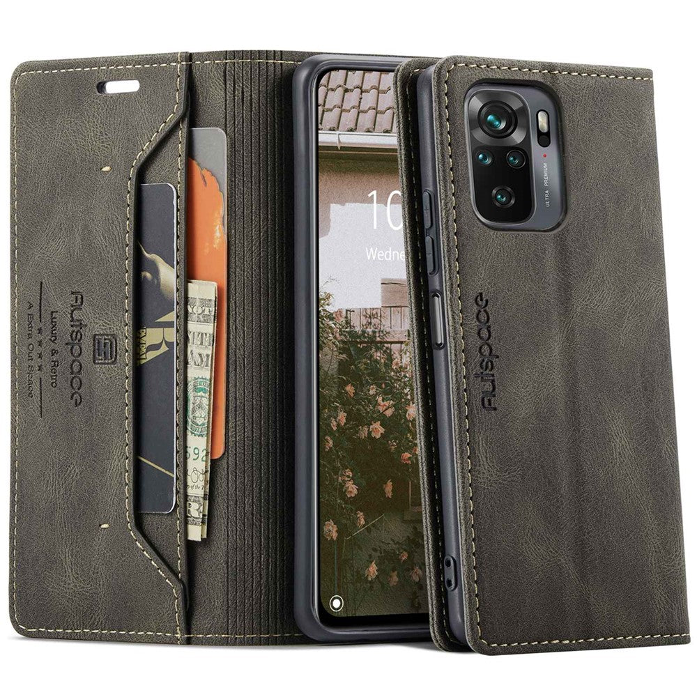 AUTSPACE A01 Series for Xiaomi Poco M5s 4G / Redmi Note 10 4G / Redmi Note 10S 4G PU Leather Case RFID Blocking Wallet Stand Flip Cover