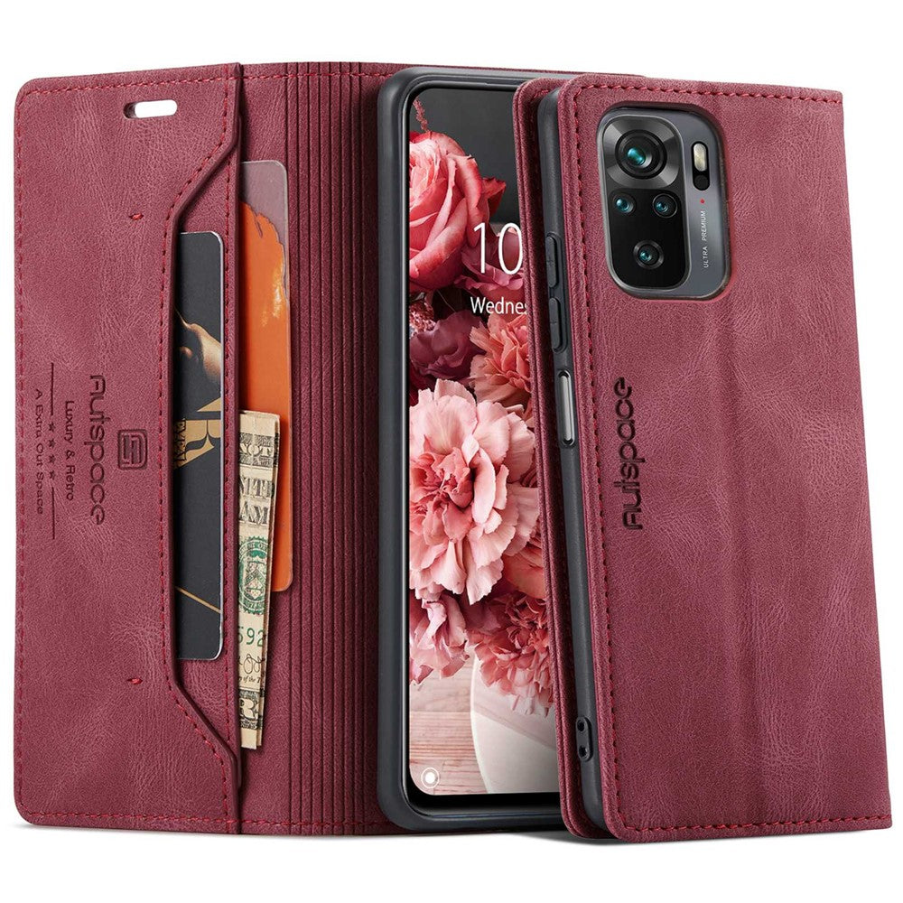 AUTSPACE A01 Series for Xiaomi Poco M5s 4G / Redmi Note 10 4G / Redmi Note 10S 4G PU Leather Case RFID Blocking Wallet Stand Flip Cover