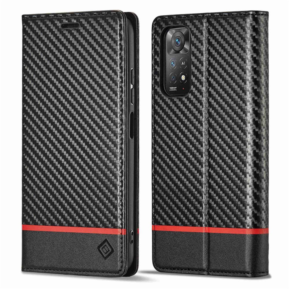 LC.IMEEKE Läderfodral i kolfiberstruktur med bokmönster till Xiaomi Redmi Note 12 Pro 4G / Note 11 Pro 4G (Mediatek) / Note 11 Pro 5G (Qualcomm), Magnetiskt, självabsorberande plånboksfodral med stativ