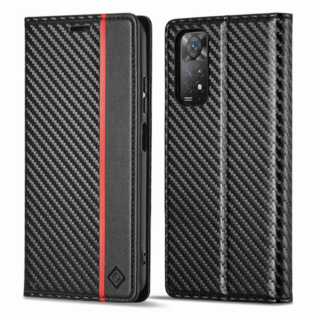 LC.IMEEKE Läderfodral i kolfiberstruktur med bokmönster till Xiaomi Redmi Note 12 Pro 4G / Note 11 Pro 4G (Mediatek) / Note 11 Pro 5G (Qualcomm), Magnetiskt, självabsorberande plånboksfodral med stativ
