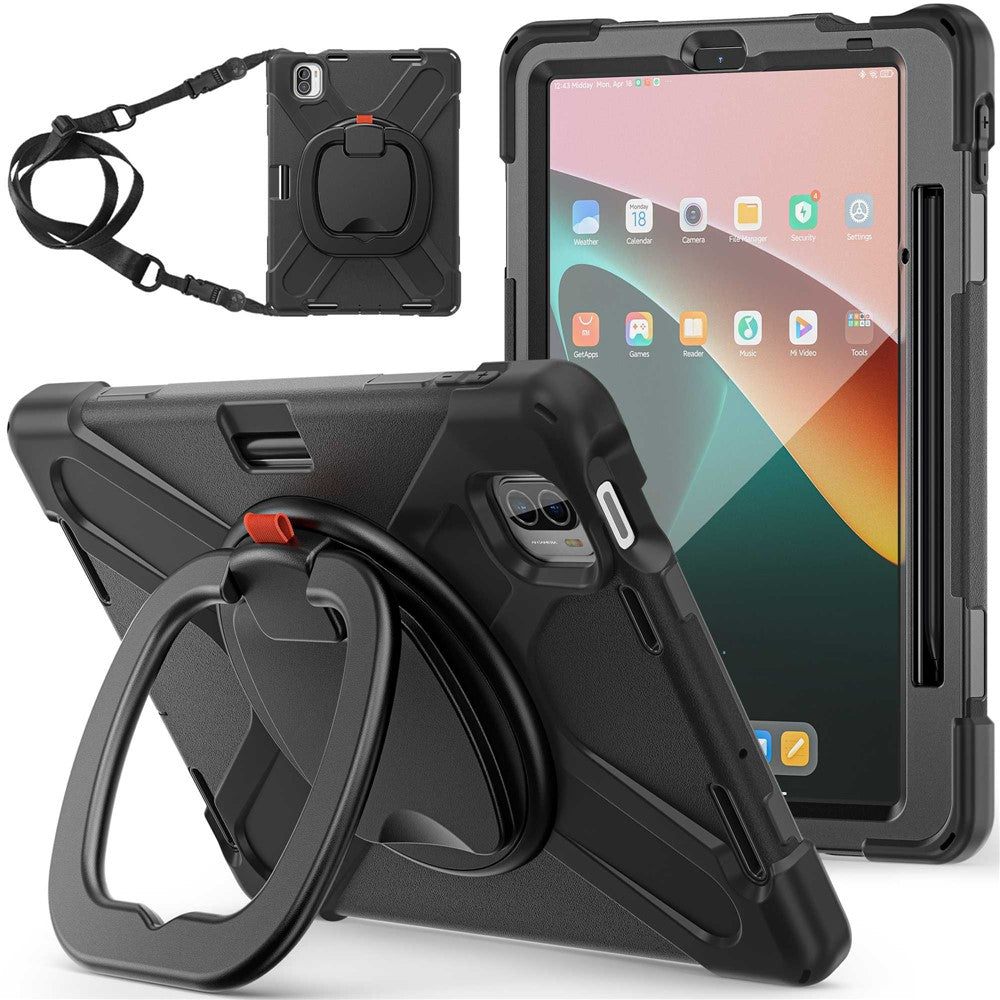 For Xiaomi Pad 5 / Pad 5 Pro 11" Rotary Kickstand Case PC + Silicone Shockproof Protective Tablet Cover with Shoulder Strap
