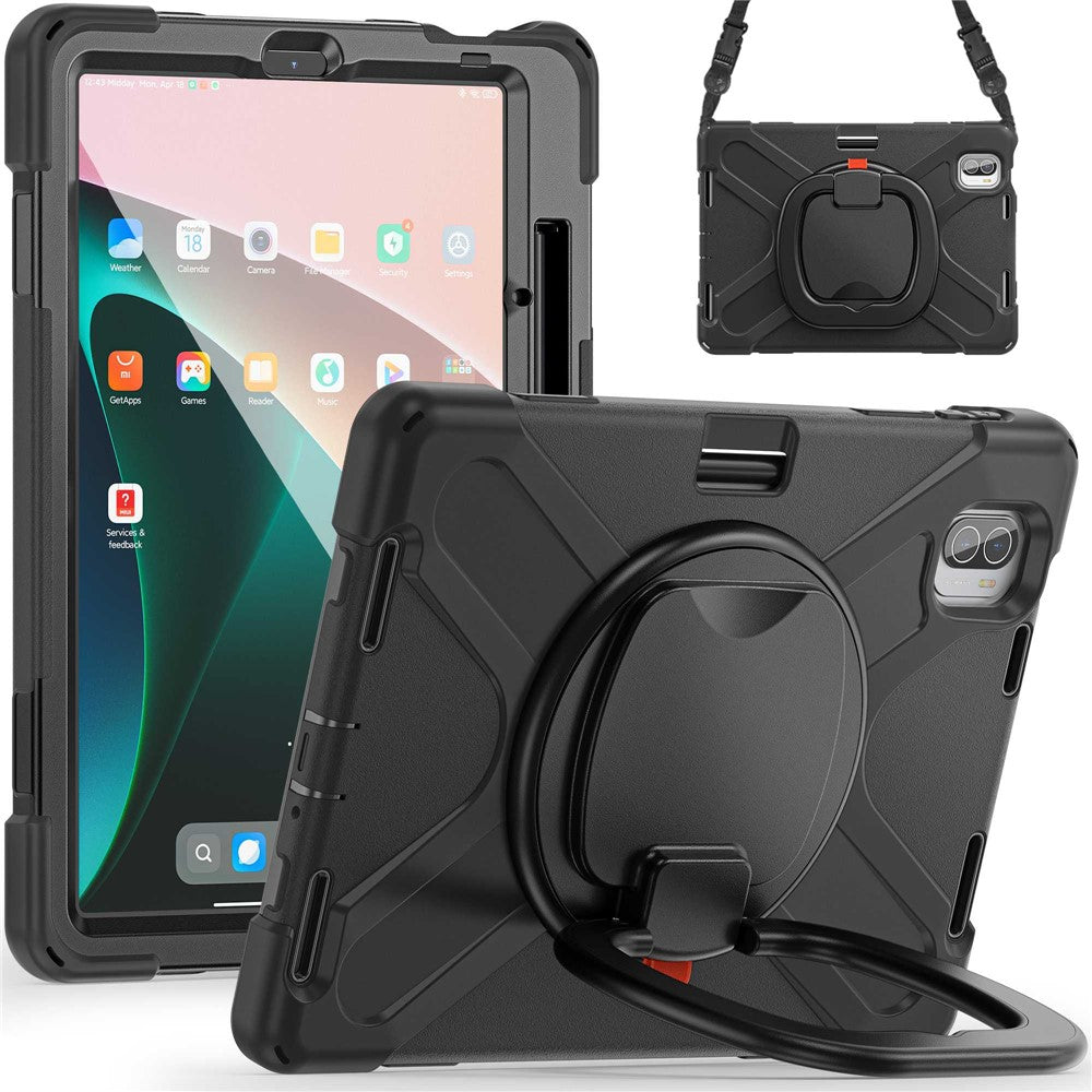 For Xiaomi Pad 5 / Pad 5 Pro 11" Rotary Kickstand Case PC + Silicone Shockproof Protective Tablet Cover with Shoulder Strap
