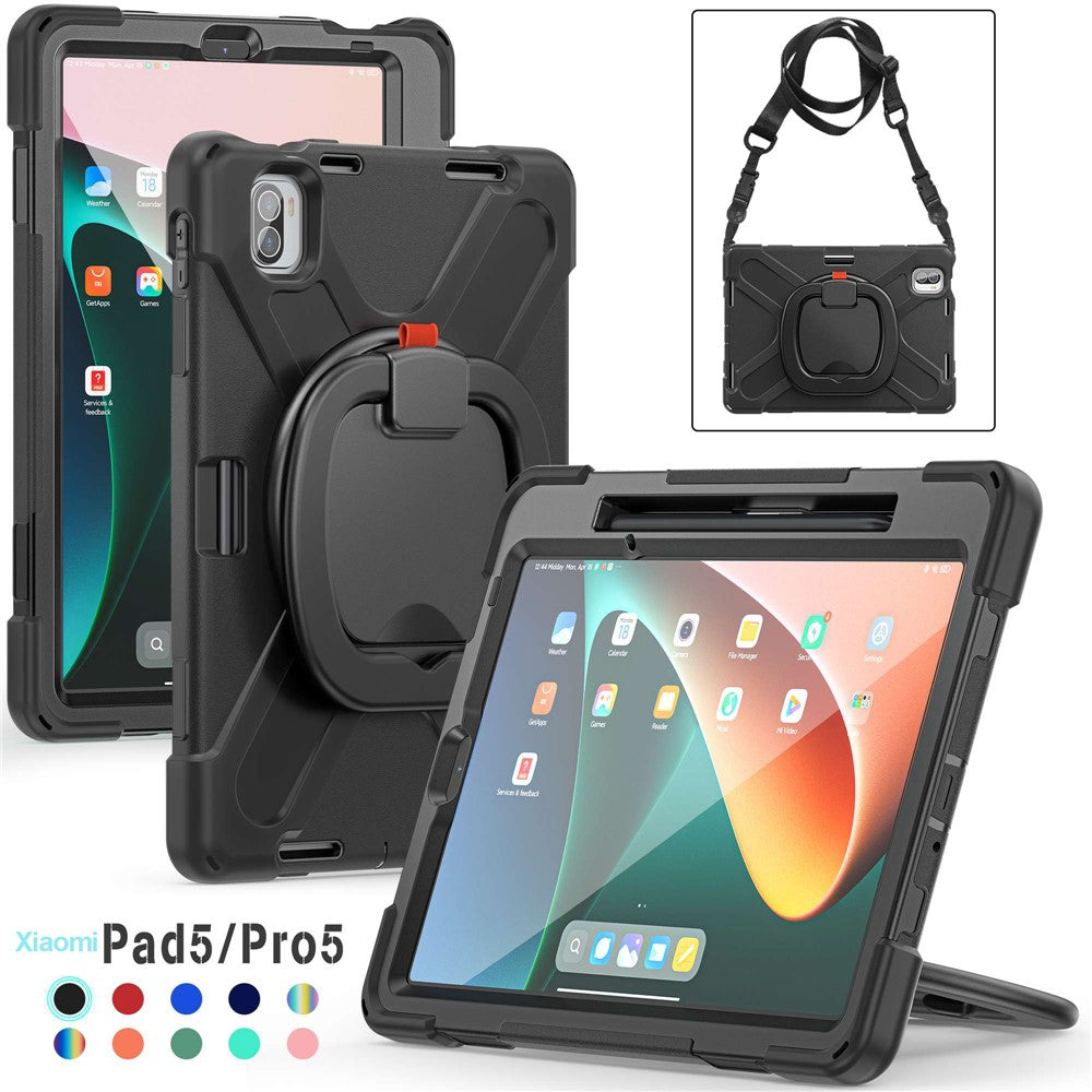 For Xiaomi Pad 5 / Pad 5 Pro 11" Rotary Kickstand Case PC + Silicone Shockproof Protective Tablet Cover with Shoulder Strap