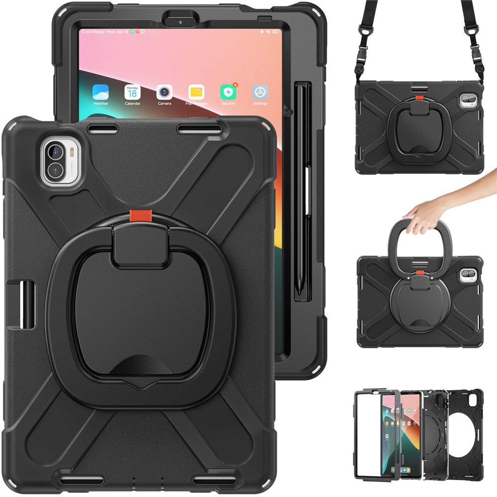 For Xiaomi Pad 5 / Pad 5 Pro 11" Rotary Kickstand Case PC + Silicone Shockproof Protective Tablet Cover with Shoulder Strap