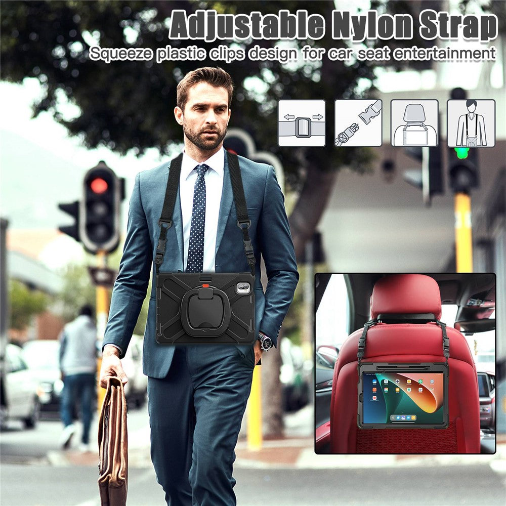 For Xiaomi Pad 5 / Pad 5 Pro 11" Rotary Kickstand Case PC + Silicone Shockproof Protective Tablet Cover with Shoulder Strap