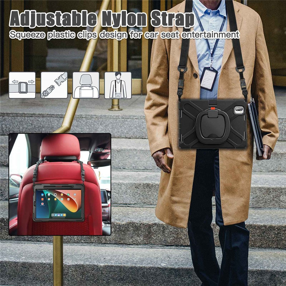 For Xiaomi Pad 5 / Pad 5 Pro 11" Rotary Kickstand Case PC + Silicone Shockproof Protective Tablet Cover with Shoulder Strap