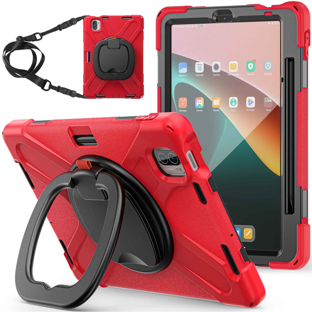 For Xiaomi Pad 5 / Pad 5 Pro 11" Rotary Kickstand Case PC + Silicone Shockproof Protective Tablet Cover with Shoulder Strap