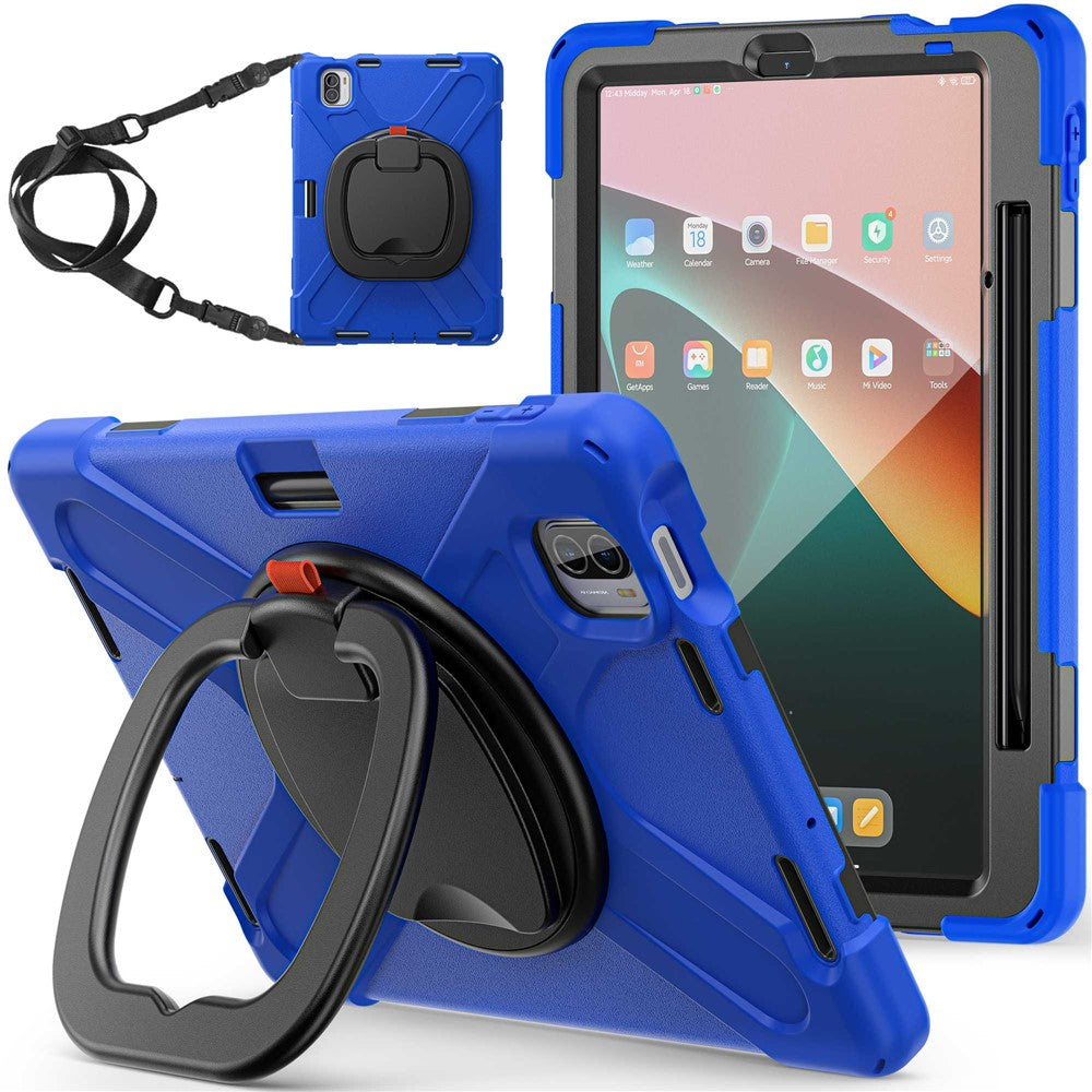 For Xiaomi Pad 5 / Pad 5 Pro 11" Rotary Kickstand Case PC + Silicone Shockproof Protective Tablet Cover with Shoulder Strap