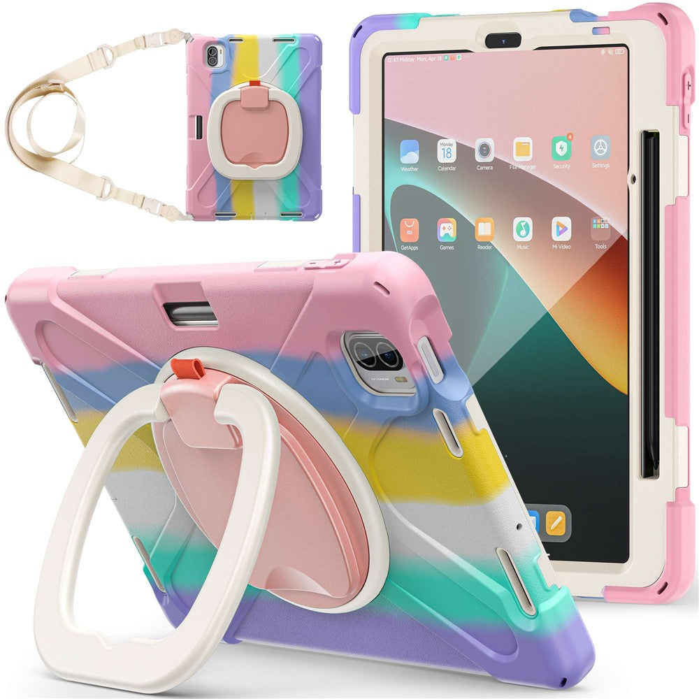 For Xiaomi Pad 5 / Pad 5 Pro 11" Rotary Kickstand Case PC + Silicone Shockproof Protective Tablet Cover with Shoulder Strap