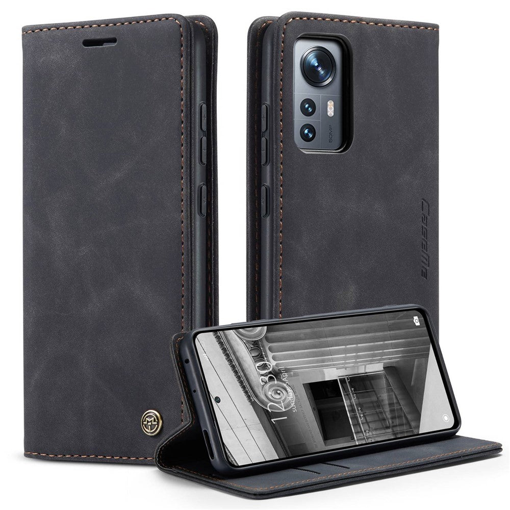 CASEME 013 Series Anti-scratch Phone Case Shell for Xiaomi 12 5G/12X 5G/12S 5G, Auto-absorbed PU Leather Wallet Foldable Stand Phone Cover