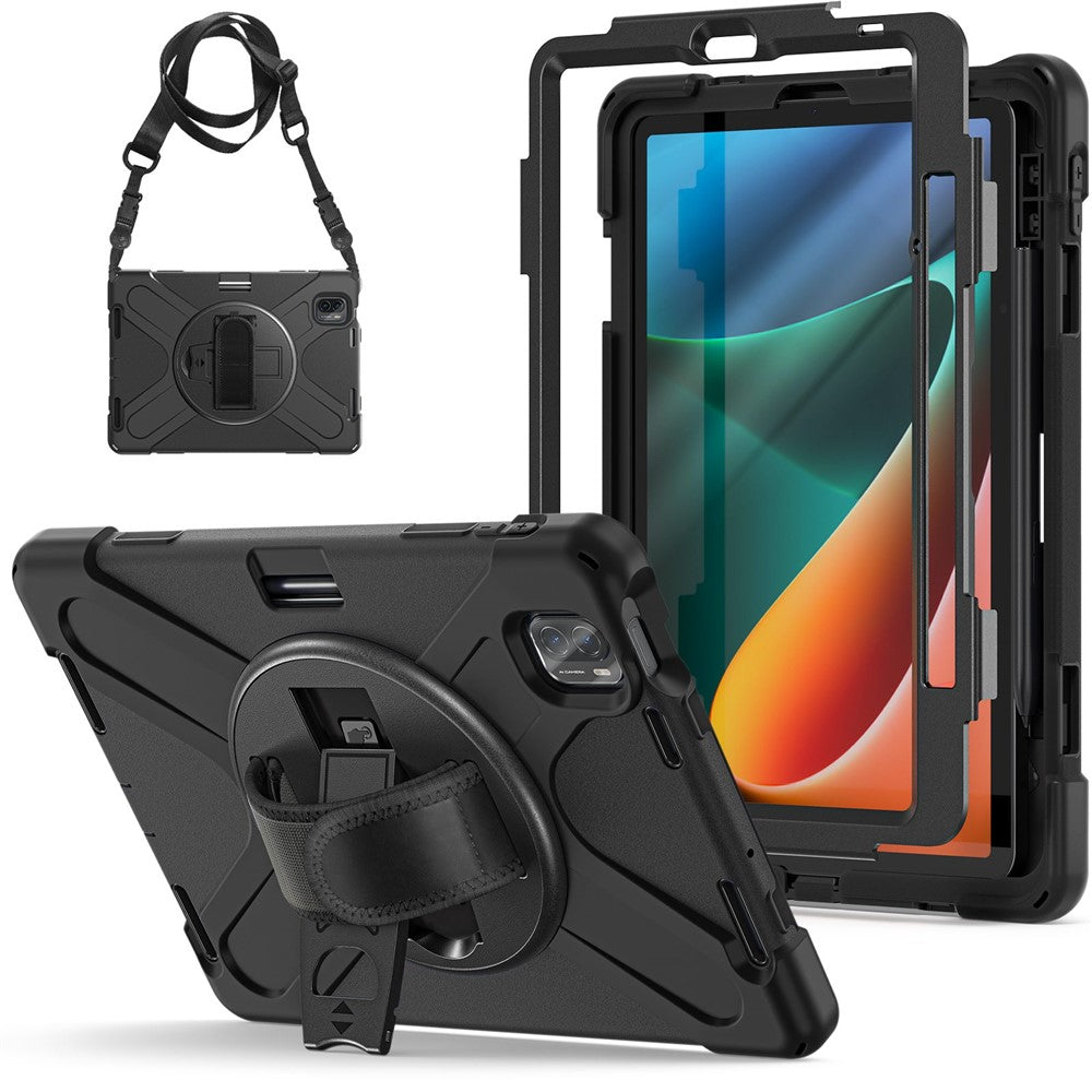 For Xiaomi Pad 5/Pad 5 Pro 11" Anti-scratch Drop-proof Rotary Kickstand PC + Silicone Tablet Case Hand Strap Protective Shell with Shoulder Strap