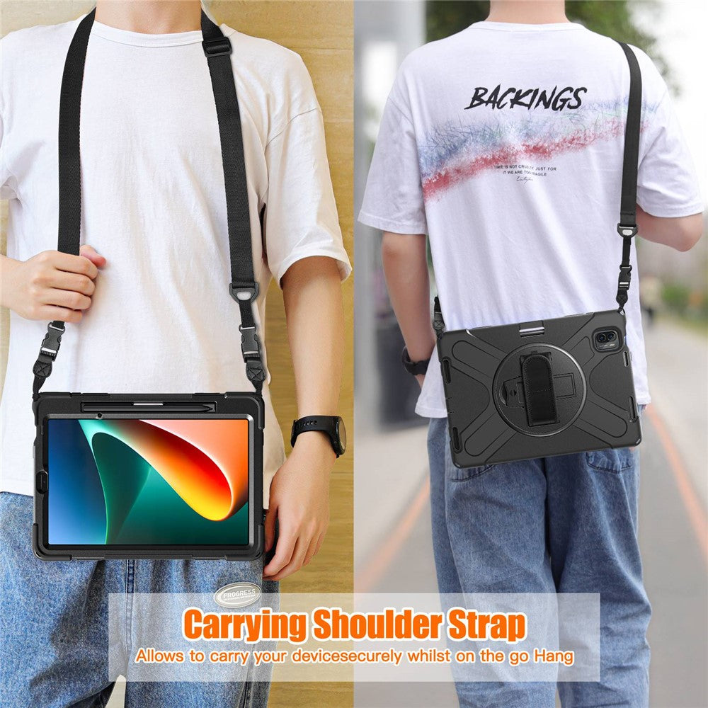 For Xiaomi Pad 5/Pad 5 Pro 11" Anti-scratch Drop-proof Rotary Kickstand PC + Silicone Tablet Case Hand Strap Protective Shell with Shoulder Strap