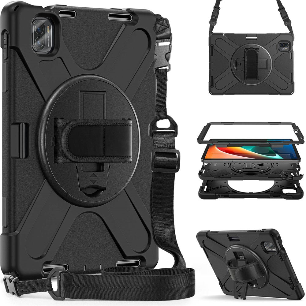 For Xiaomi Pad 5/Pad 5 Pro 11" Anti-scratch Drop-proof Rotary Kickstand PC + Silicone Tablet Case Hand Strap Protective Shell with Shoulder Strap