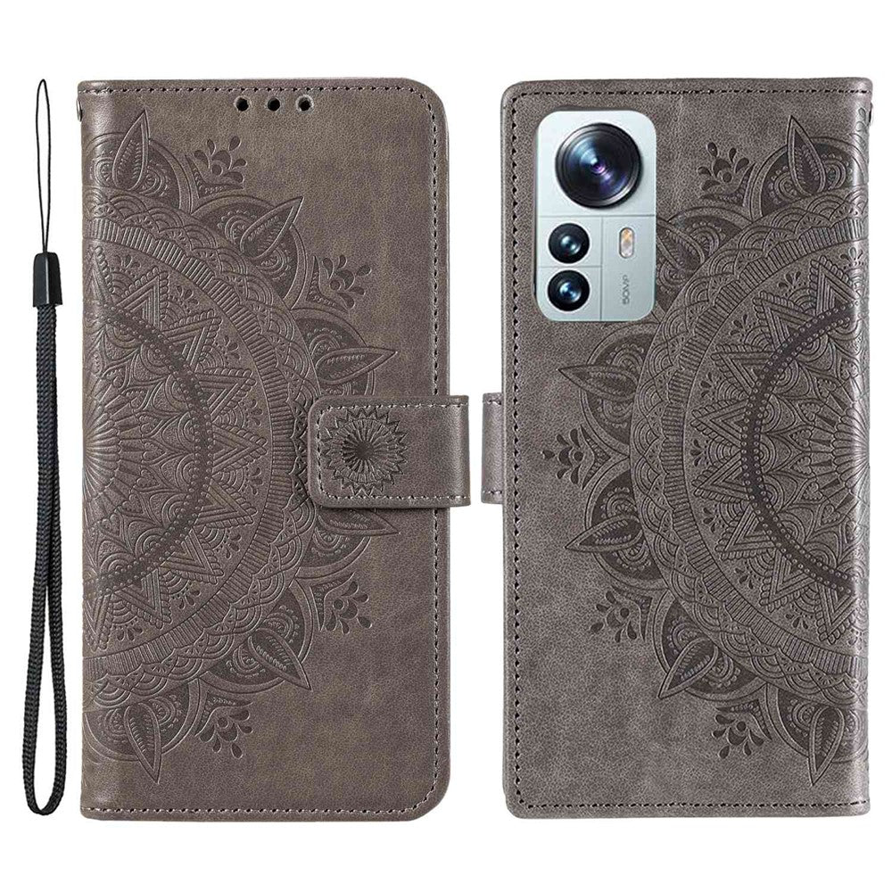 For Xiaomi 12 Lite Imprinted Mandala Flower Leather Case Wallet Phone Stand Cover with Wrist Strap