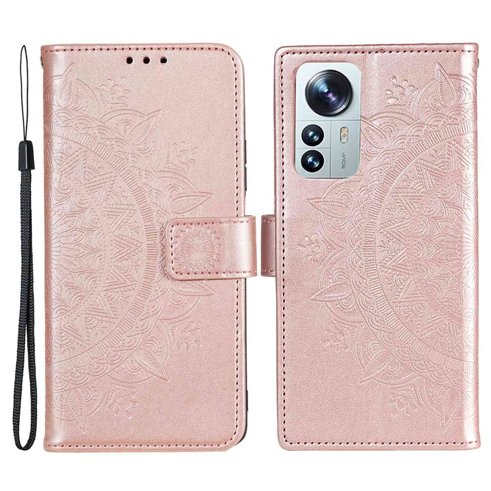 For Xiaomi 12 Lite Imprinted Mandala Flower Leather Case Wallet Phone Stand Cover with Wrist Strap