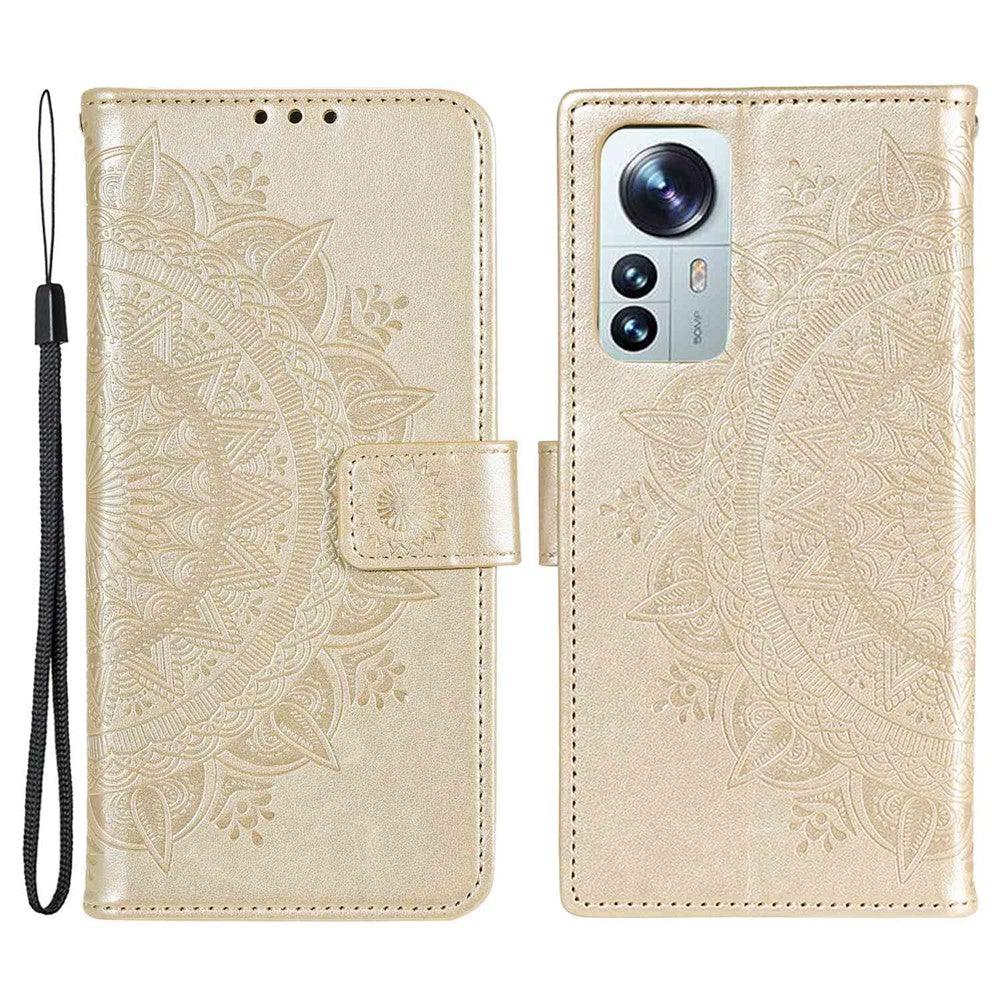 For Xiaomi 12 Lite Imprinted Mandala Flower Leather Case Wallet Phone Stand Cover with Wrist Strap