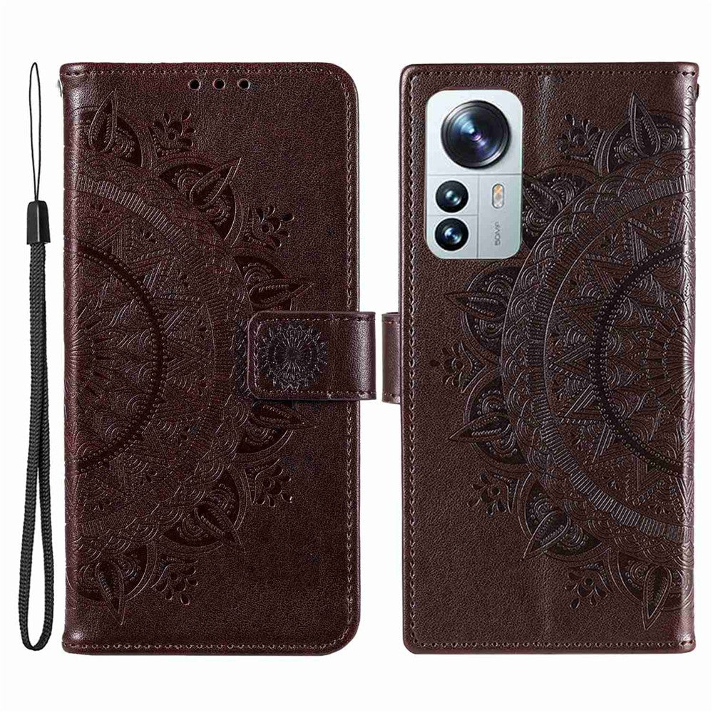 For Xiaomi 12 Lite Imprinted Mandala Flower Leather Case Wallet Phone Stand Cover with Wrist Strap