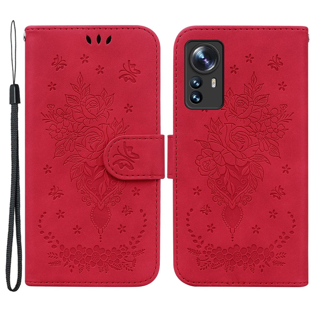 PU-läder med präglade rosor och fjärilar för mobilskal till Xiaomi 12 5G/12X 5G/12S 5G, stativ, plånbok, heltäckande skydd, innerfodral i TPU