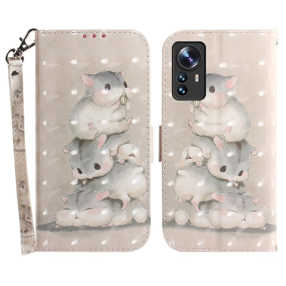Xiaomi 12 5G/12X 5G/12S 5G Flip PU-läder Plånboksfodral med 3D-mönsterutskrift, magnetisk stängning, stativ, mobilfodral med rem