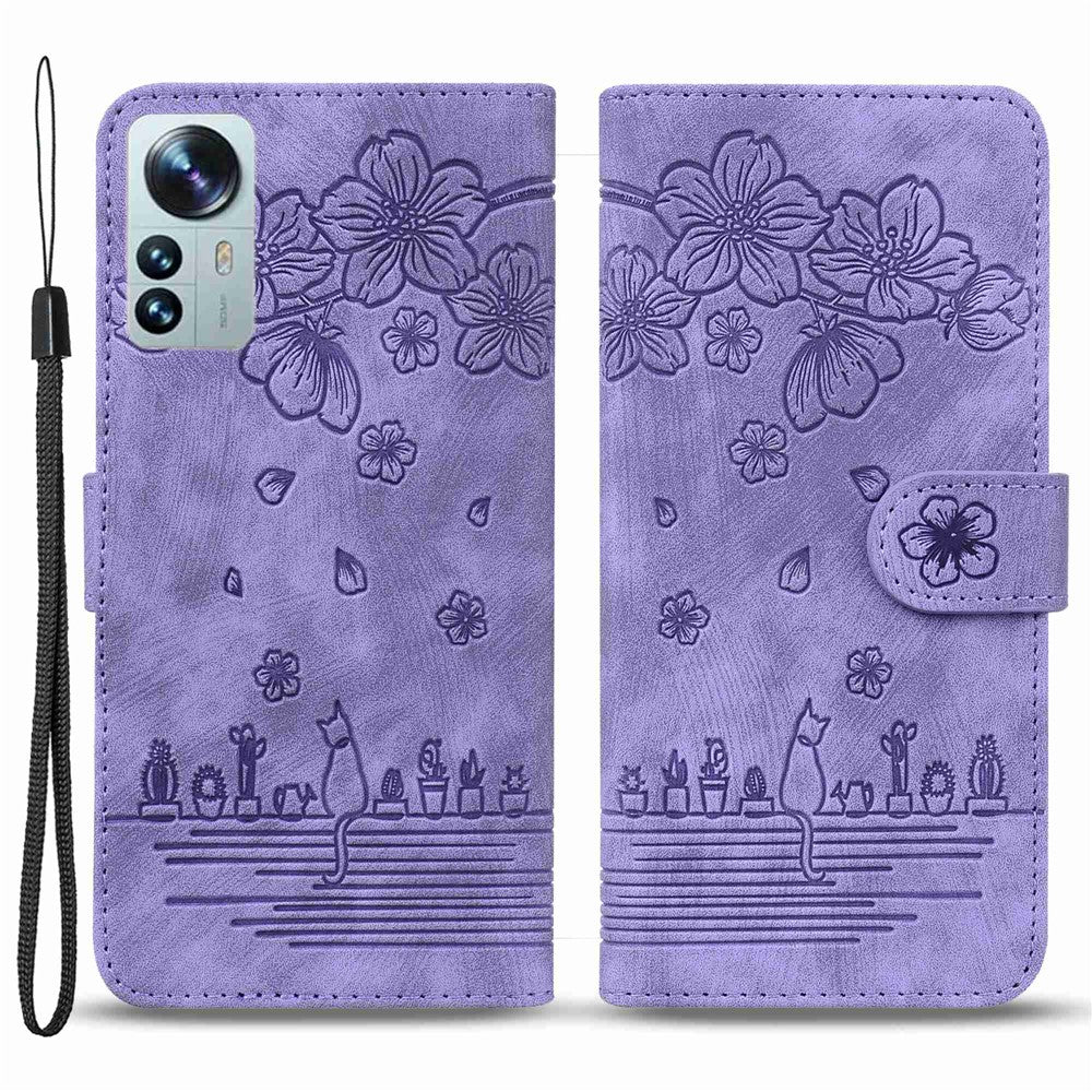 Xiaomi 12 5G/12X 5G/12S 5G Körsbärsblomskatt Präglat Plånboksstil Läder Justerbart Stativ Design Mobilskal med Rem