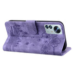 Xiaomi 12 5G/12X 5G/12S 5G Körsbärsblomskatt Präglat Plånboksstil Läder Justerbart Stativ Design Mobilskal med Rem