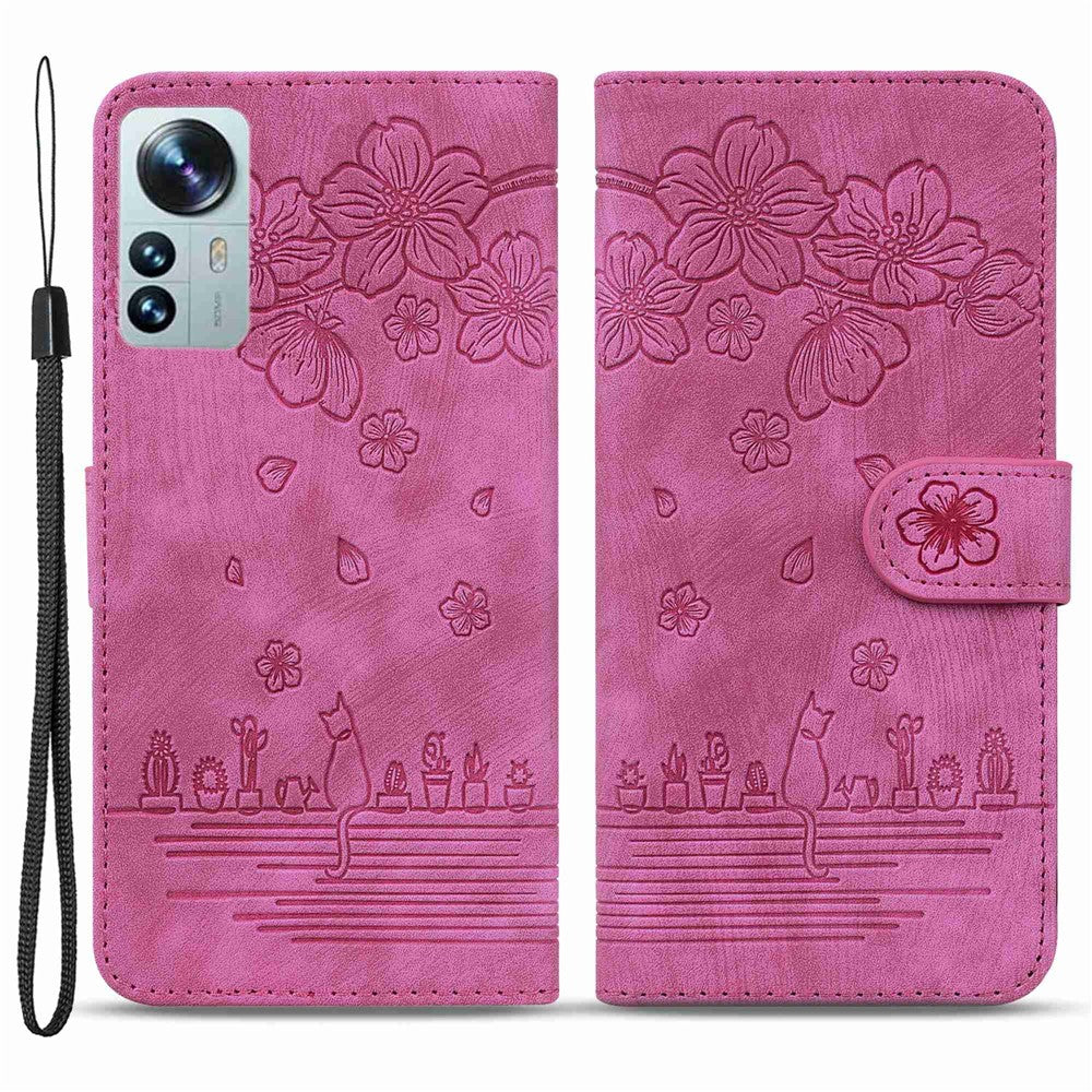 Xiaomi 12 5G/12X 5G/12S 5G Körsbärsblomskatt Präglat Plånboksstil Läder Justerbart Stativ Design Mobilskal med Rem