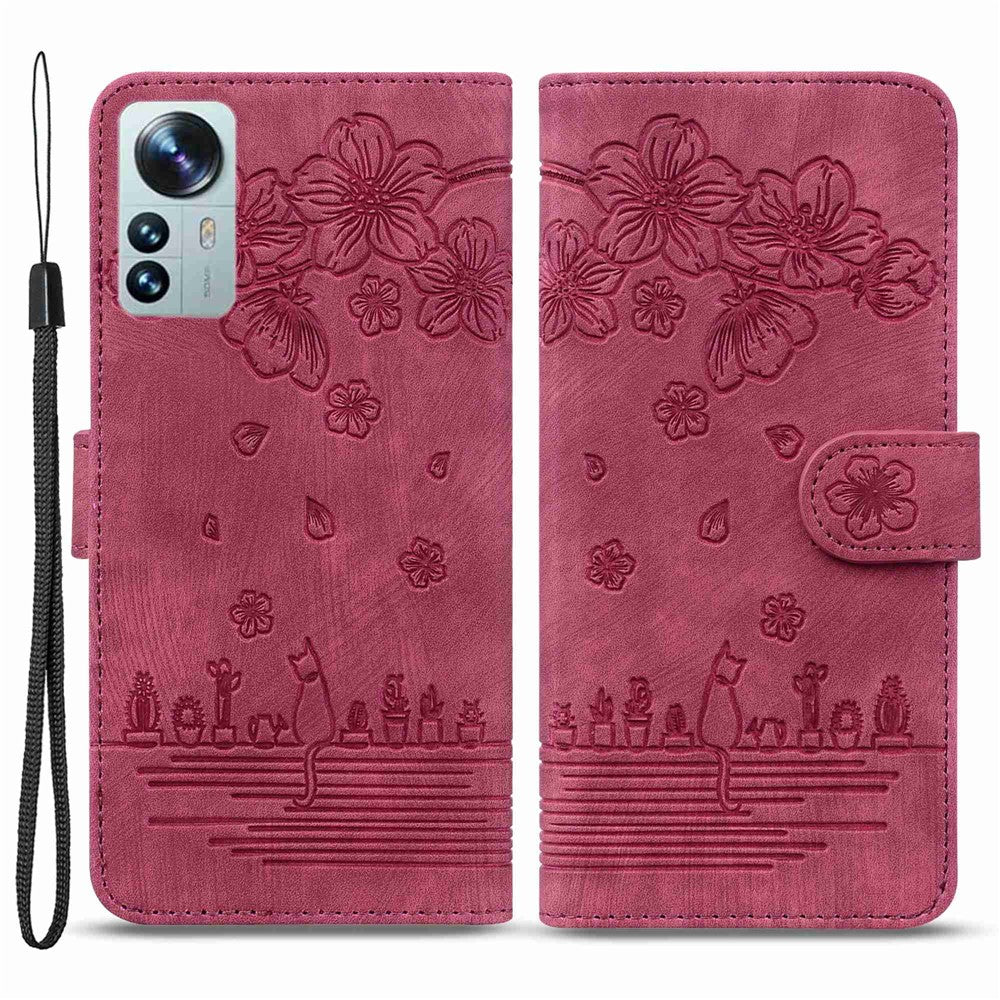 Xiaomi 12 5G/12X 5G/12S 5G Körsbärsblomskatt Präglat Plånboksstil Läder Justerbart Stativ Design Mobilskal med Rem