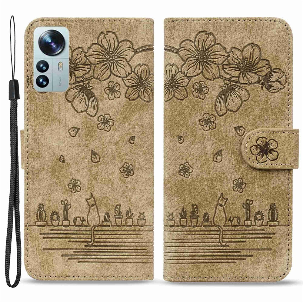 Xiaomi 12 5G/12X 5G/12S 5G Körsbärsblomskatt Präglat Plånboksstil Läder Justerbart Stativ Design Mobilskal med Rem