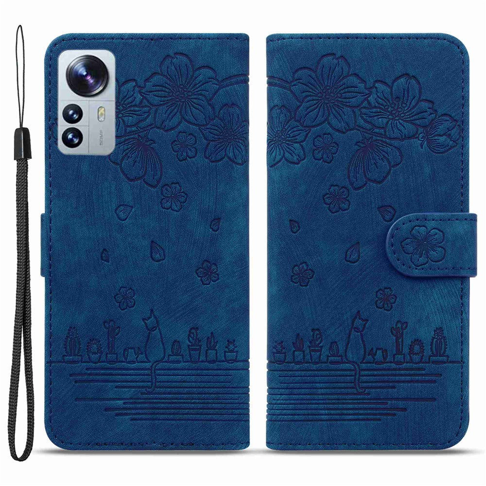 Xiaomi 12 5G/12X 5G/12S 5G Körsbärsblomskatt Präglat Plånboksstil Läder Justerbart Stativ Design Mobilskal med Rem
