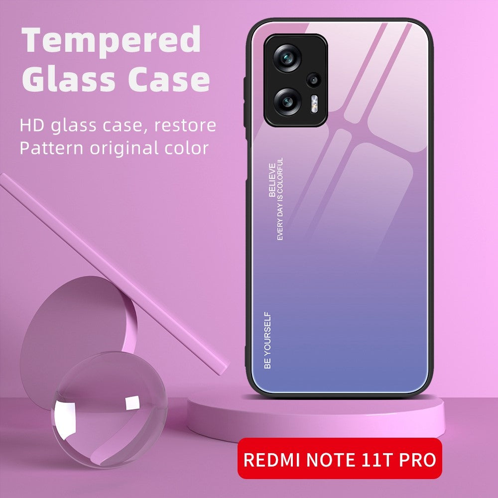 For Xiaomi Redmi Note 11T Pro 5G / Note 11T Pro+ 5G / Poco X4 GT 5G / Redmi K50i 5G Scratch-resistant Anti-fall Phone Shell Gradient Color Tempered Glass Back + Soft TPU Edge Case