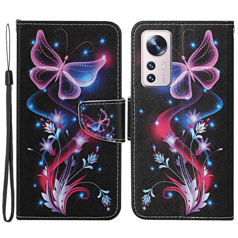 Pattern Printing PU Leather Phone Cover for Xiaomi 12 Lite 5G, Wallet Stand Cross Texture Case with Strap