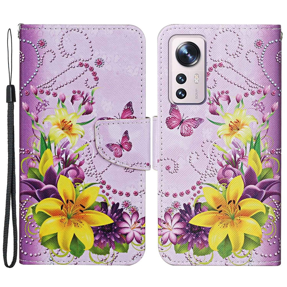 Pattern Printing PU Leather Phone Cover for Xiaomi 12 Lite 5G, Wallet Stand Cross Texture Case with Strap