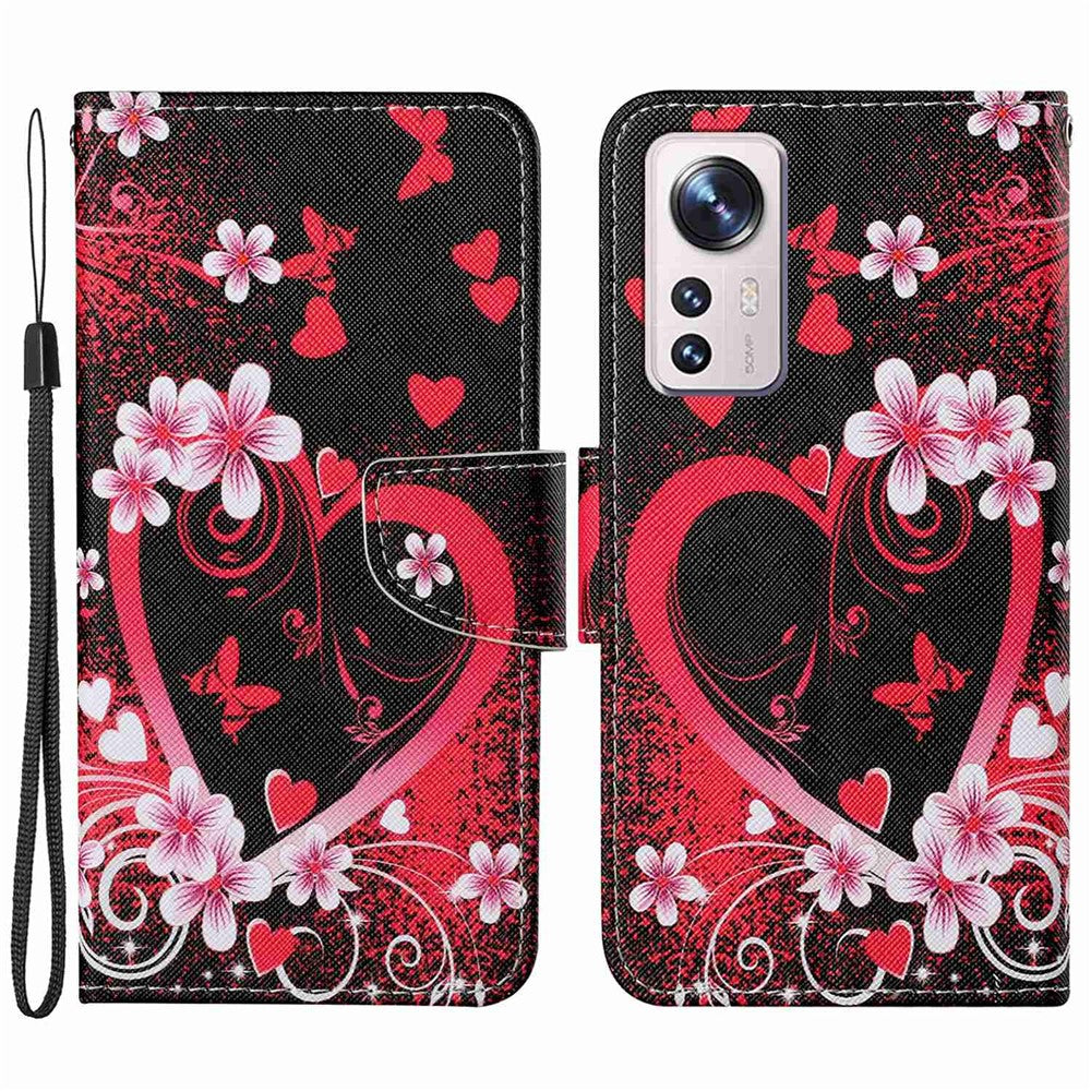 Pattern Printing PU Leather Phone Cover for Xiaomi 12 Lite 5G, Wallet Stand Cross Texture Case with Strap