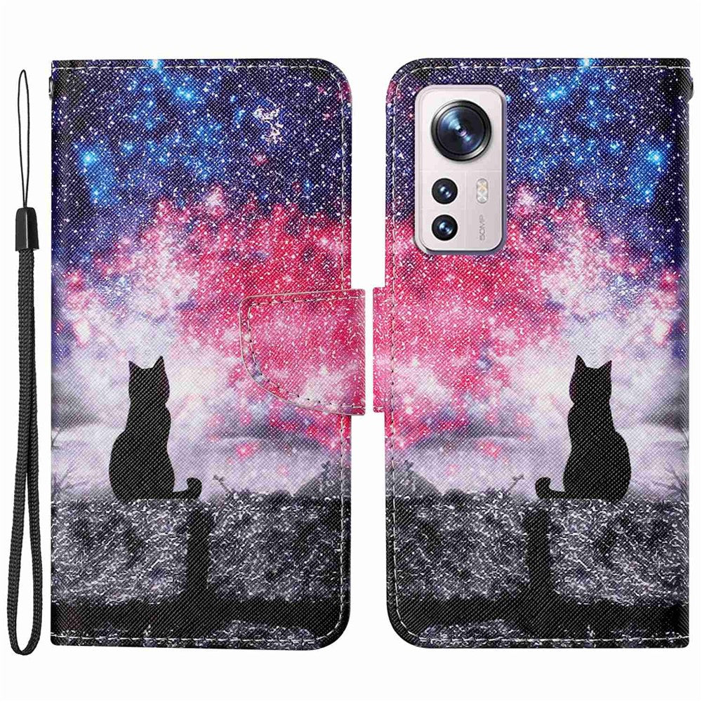 Pattern Printing PU Leather Phone Cover for Xiaomi 12 Lite 5G, Wallet Stand Cross Texture Case with Strap