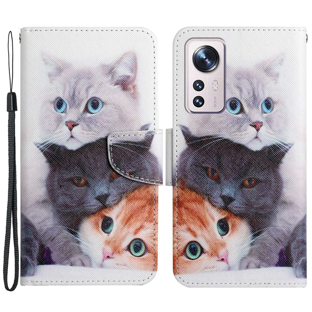 Pattern Printing PU Leather Phone Cover for Xiaomi 12 Lite 5G, Wallet Stand Cross Texture Case with Strap