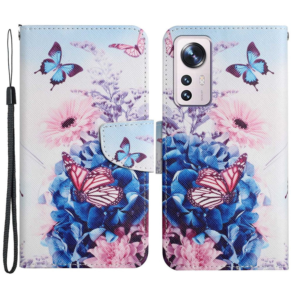 Pattern Printing PU Leather Phone Cover for Xiaomi 12 Lite 5G, Wallet Stand Cross Texture Case with Strap