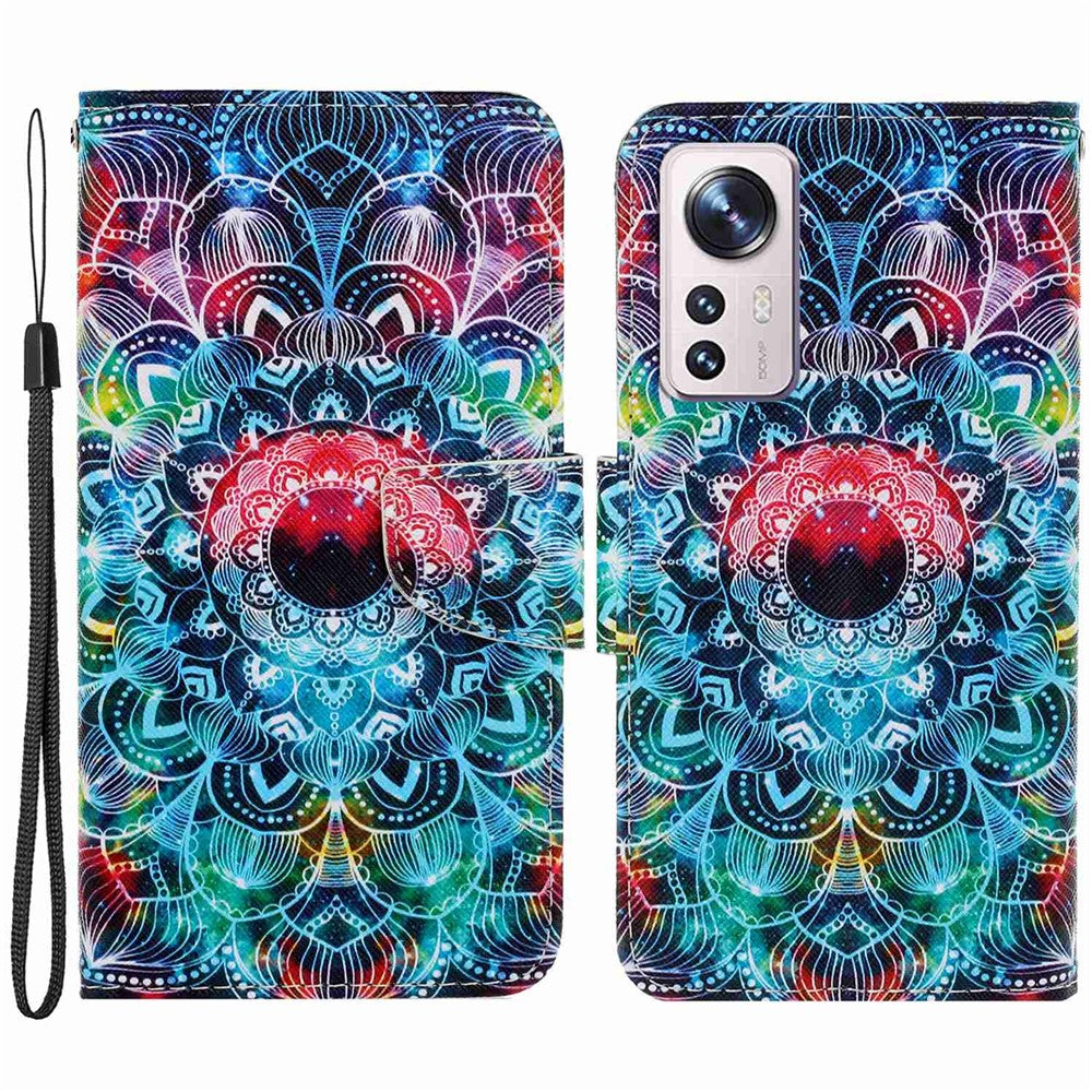 Pattern Printing PU Leather Phone Cover for Xiaomi 12 Lite 5G, Wallet Stand Cross Texture Case with Strap