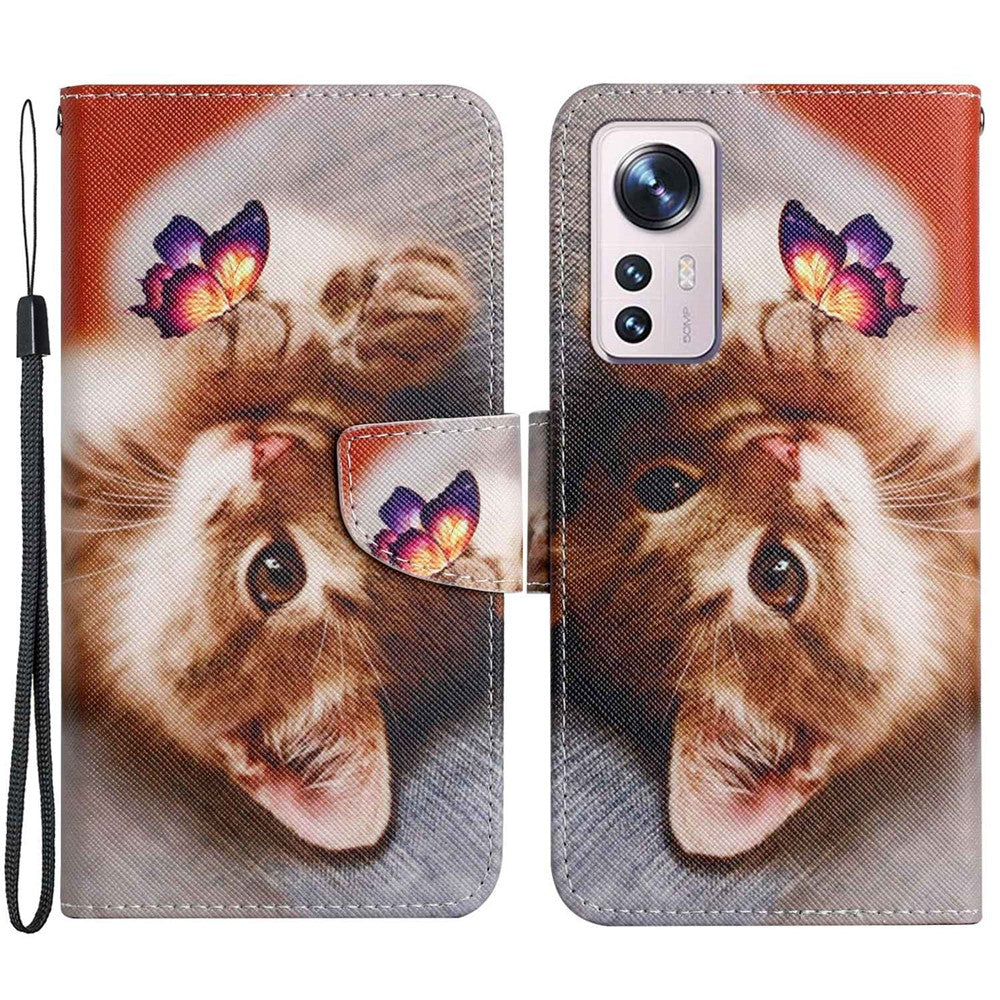 Pattern Printing PU Leather Phone Cover for Xiaomi 12 Lite 5G, Wallet Stand Cross Texture Case with Strap