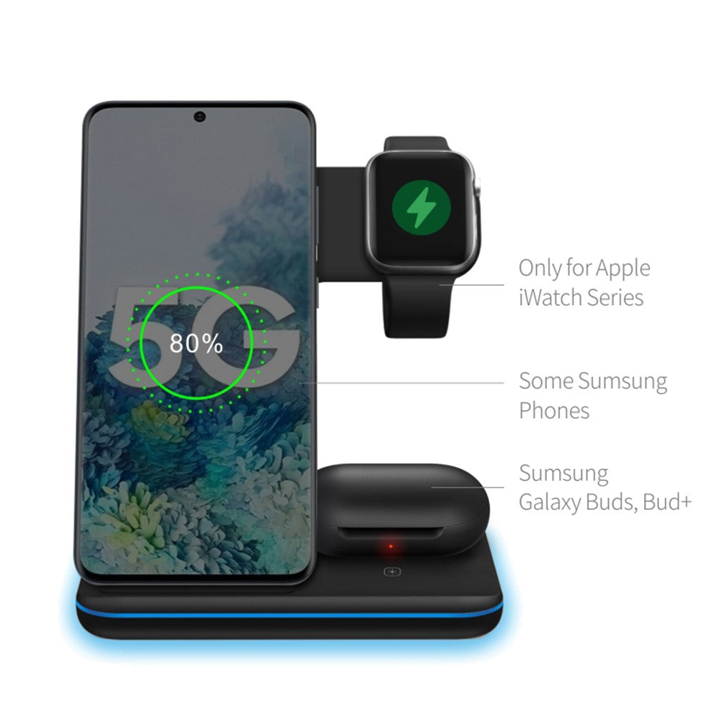 3-i-1 Skrivebord Vertikal 15W Trådløs Opladerstander til iPhone/Apple Watch/Airpods