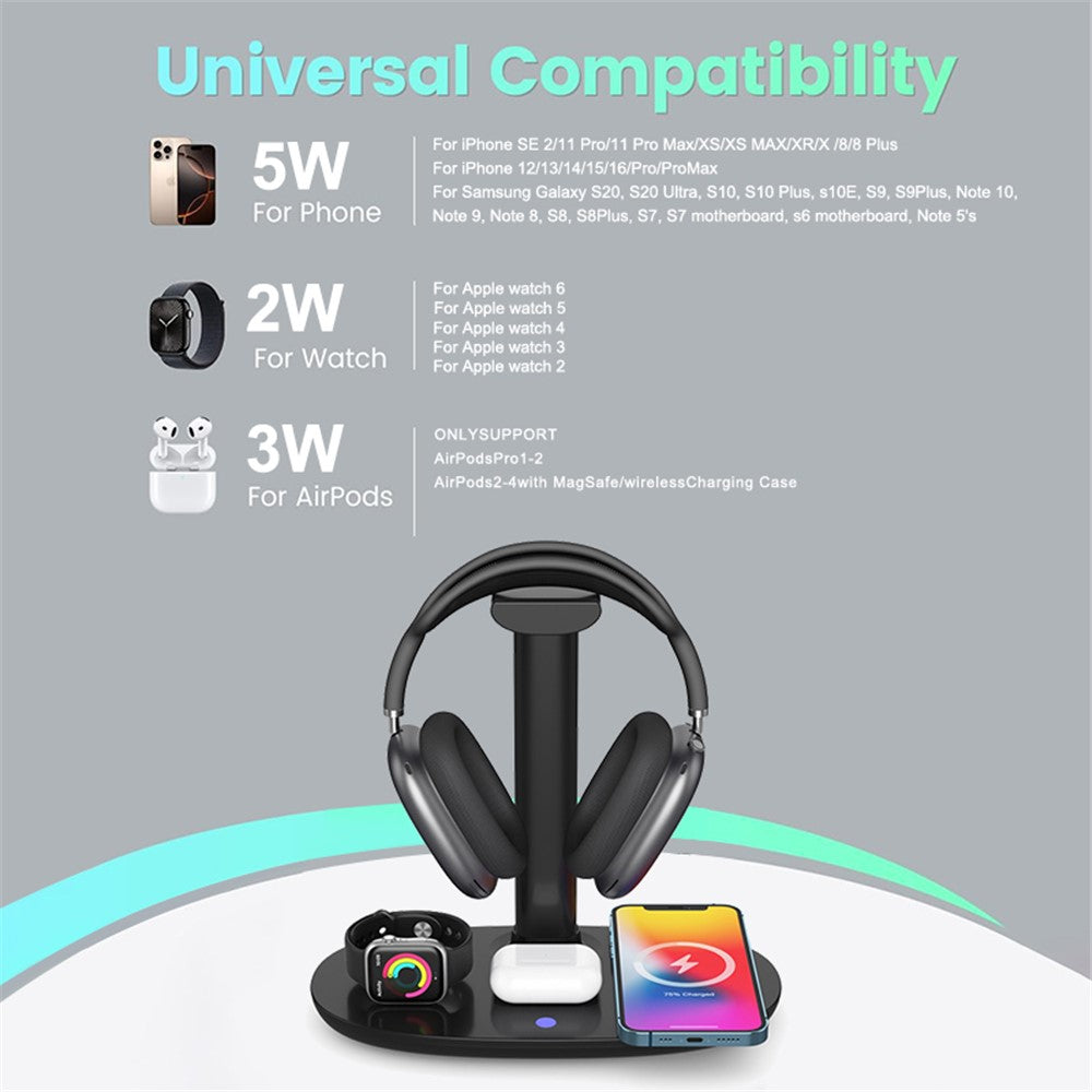 4-in-1 15W Wireless Charger Qi Fast Charging Dock Headset Holder for Apple Watch AirPods Mobile Phone