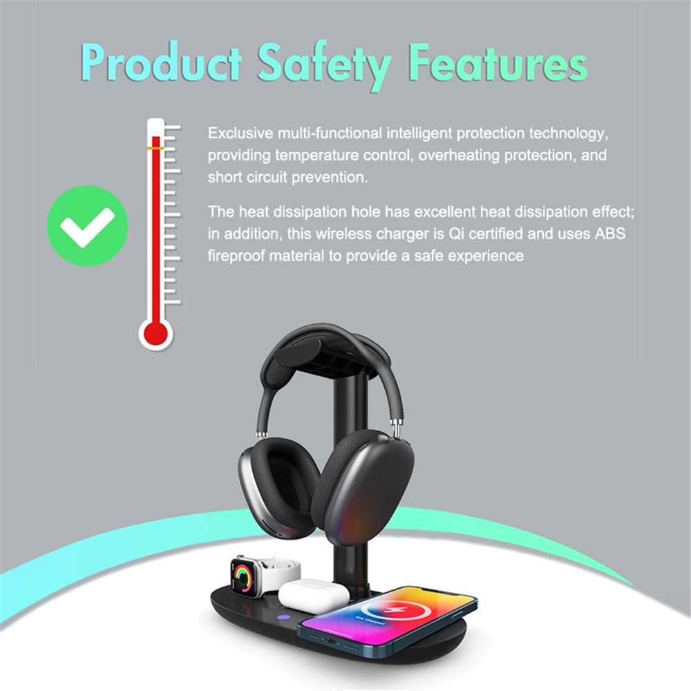 4-in-1 15W Wireless Charger Qi Fast Charging Dock Headset Holder for Apple Watch AirPods Mobile Phone