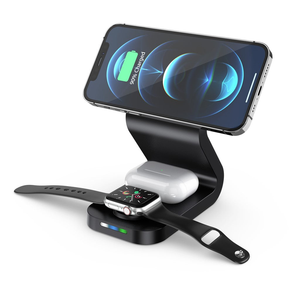 B16 15W 3-i-1 Qi magnetisk trådlös laddare, stationär snabbladdningsstation och docka för iPhone 12-serien, iWatch och AirPods Pro
