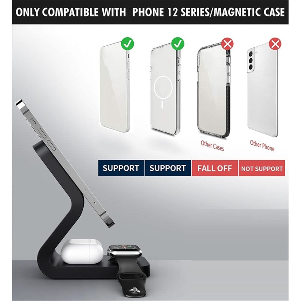 B16 15W 3-i-1 Qi magnetisk trådlös laddare, stationär snabbladdningsstation och docka för iPhone 12-serien, iWatch och AirPods Pro