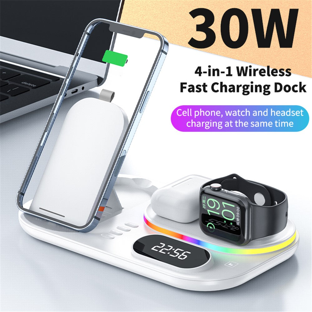A06 4-i-1 Opladningsdock til Mobiltelefon Multifunktionel Trådløs Oplader med Urdisplay / RGB Lys (Til Apple)