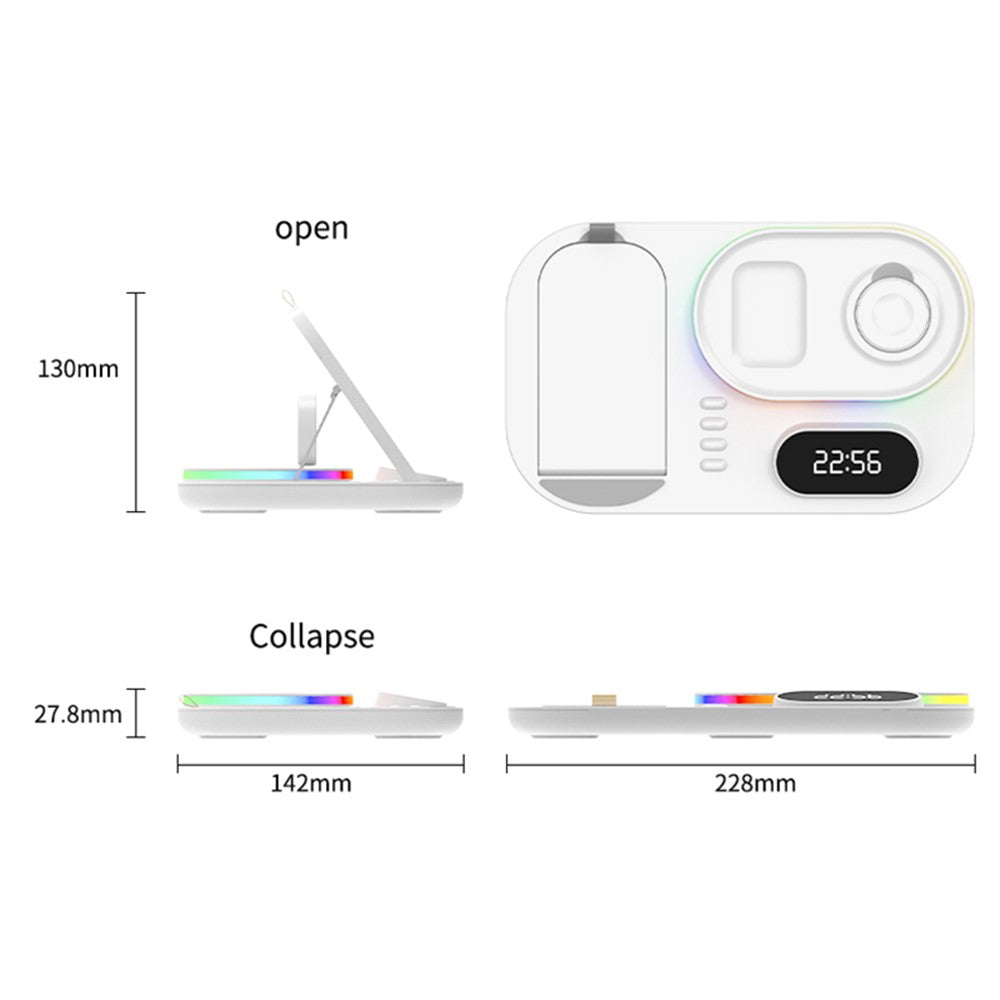 A06 4-i-1 Opladningsdock til Mobiltelefon Multifunktionel Trådløs Oplader med Urdisplay / RGB Lys (Til Apple)