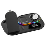 A06 4-i-1 Opladningsdock til Mobiltelefon Multifunktionel Trådløs Oplader med Urdisplay / RGB Lys (Til Apple)